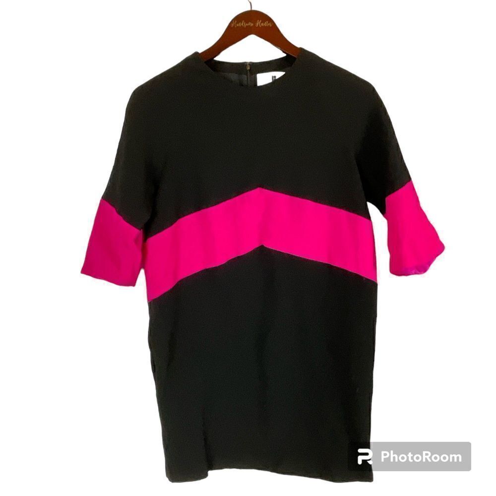 Lisa Perry Women Sz XS Sheath Dress Pink Black Wool Silk Short Sleeve Pocket T1